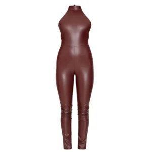 Faux Leather Jumpsuit with Halterneck and Back Tie Straight-Legged