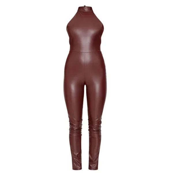 Faux Leather Jumpsuit with Halterneck and Back Tie Straight-Legged
