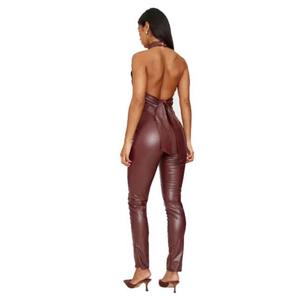 Faux Leather Jumpsuit with Halterneck and Back Tie Straight-Legged - Image 2