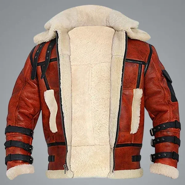 Aviator Sheepskin RAF Men B6 Waxed Bomber Shearling Leather Jacket - Image 2