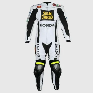 Men Honda San Carlo White Racing Motorcycle Leather Suit Jacket Pant
