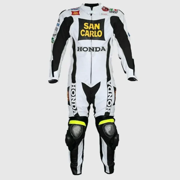 Men Honda San Carlo White Racing Motorcycle Leather Suit Jacket Pant