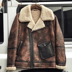 Buy Best price Trendy Fashion Mens B3 RAF Waxed Brown Flying Aviator Leather Shearling Jacket Coat
