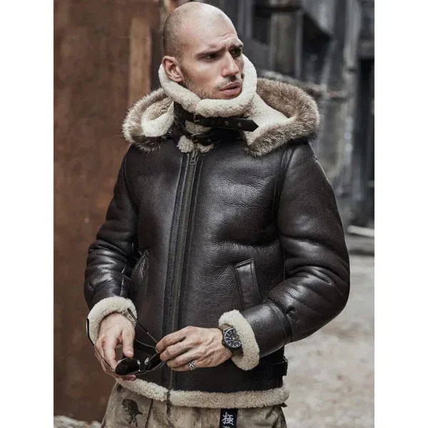 Buy Best price Mens Brown Hooded B3 RAF Aviator Sheepskin Shearling Leather Jacket - Image 2