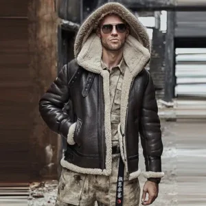 Buy Best price Mens Brown Hooded B3 RAF Aviator Sheepskin Shearling Leather Jacket