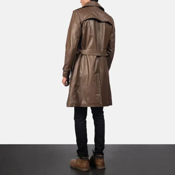 Mens Brown Sheepskin Leather Duster Coat - Image 2