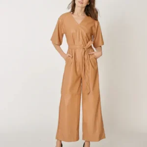 New Women's Brown Leather Jumpsuit