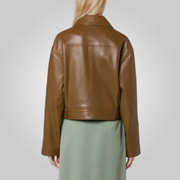 Women Brown Pointed Collar Plain Leather Jacket - Image 2