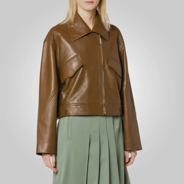 Women Brown Pointed Collar Plain Leather Jacket - Image 4