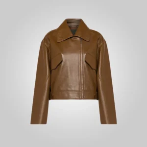 Women Brown Pointed Collar Plain Leather Jacket