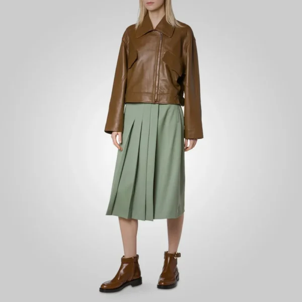 Women Brown Pointed Collar Plain Leather Jacket - Image 3