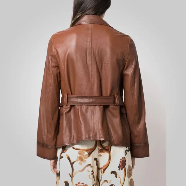 Women Goatskin Belted Brown Leather Jacket - Image 2
