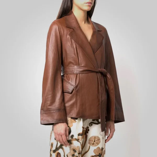 Women Goatskin Belted Brown Leather Jacket - Image 3