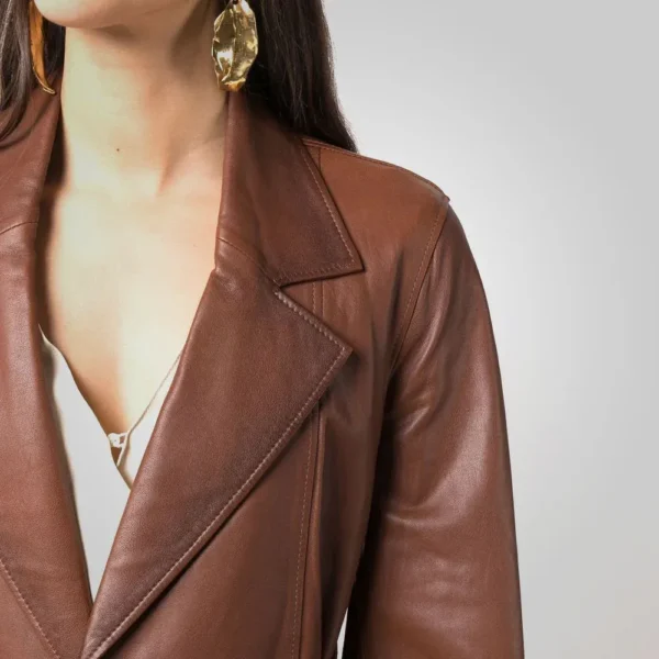 Women Goatskin Belted Brown Leather Jacket - Image 4