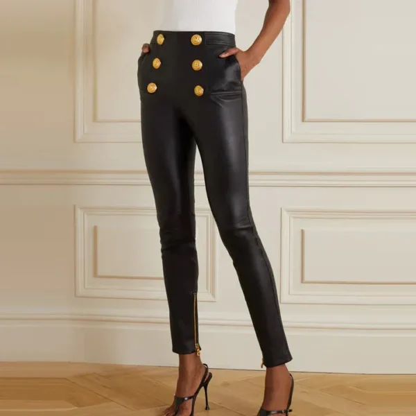 Women's Butt-flap Zipper Black Leather Pants - Image 3