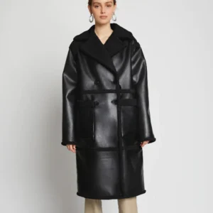 Women's Black Duster Sherpa Leather Trench Shearling Coat