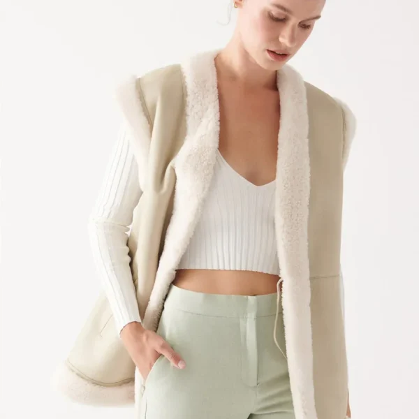 Women's Sheepskin Beige Leather Shearling Vest - Image 3