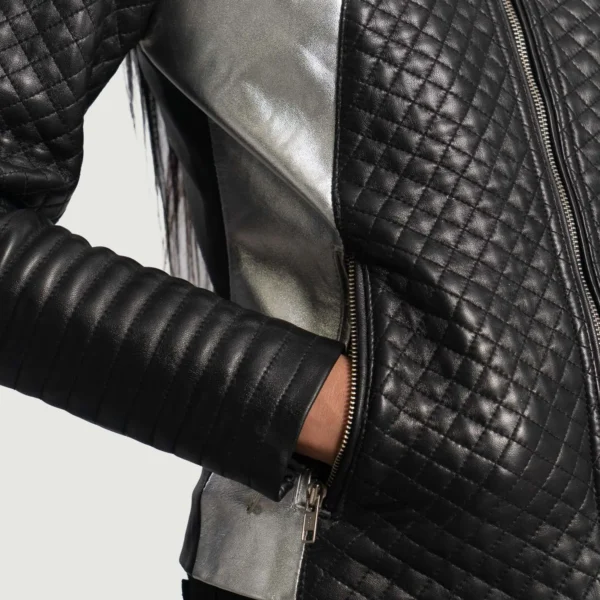 Buy Best Classic Looking Fashion Alia Metallic Black Leather Biker Jacket - Image 5