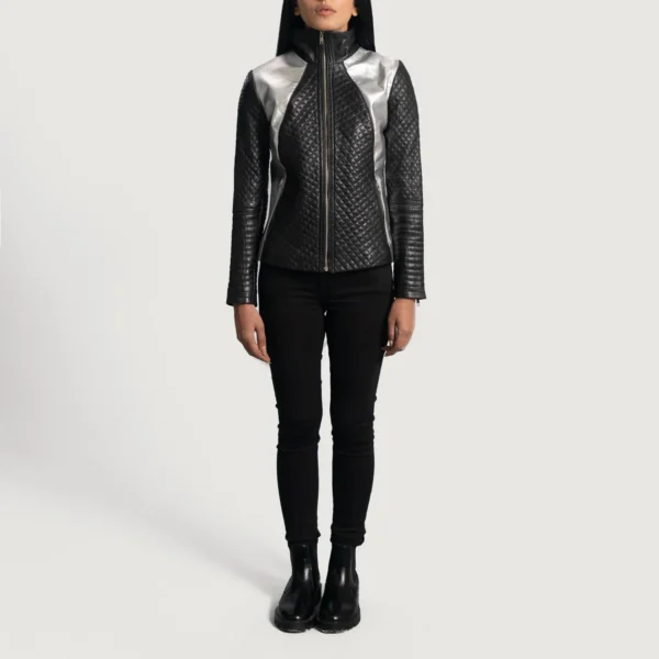 Buy Best Classic Looking Fashion Alia Metallic Black Leather Biker Jacket - Image 3