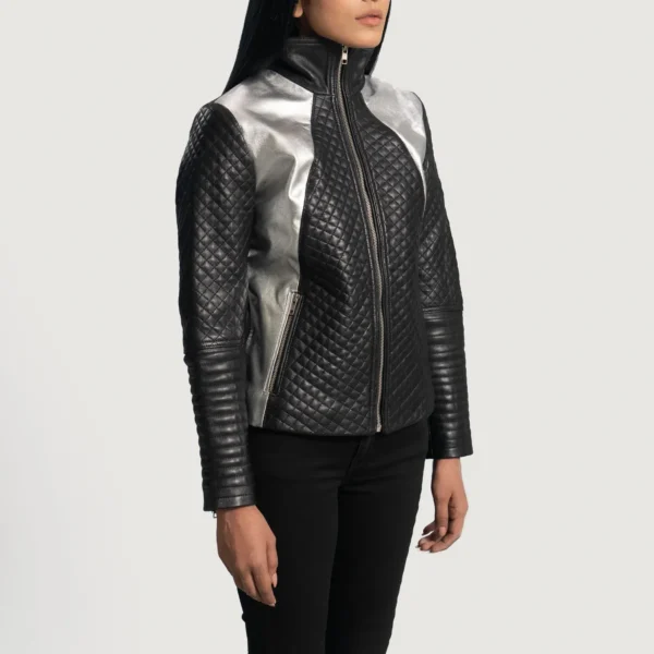 Buy Best Classic Looking Fashion Alia Metallic Black Leather Biker Jacket - Image 2
