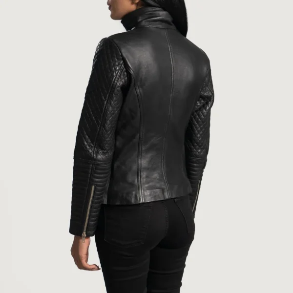 Buy Best Classic Looking Fashion Alia Metallic Black Leather Biker Jacket - Image 4