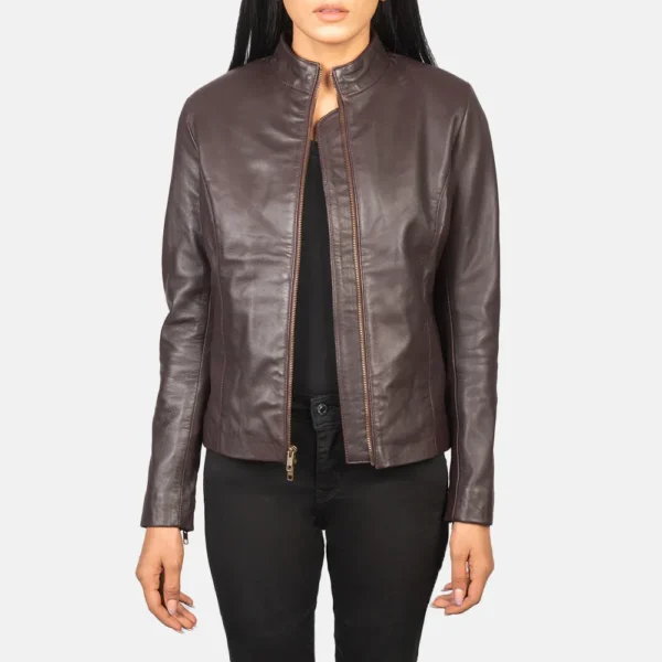 Buy Best Looking Style Fashion Rumella Maroon Leather Biker Jacket - Image 4