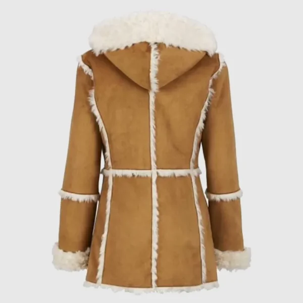 Women Brown Fur Suede Overcoat With Hood, Shearling Sheepskin Jacket - Image 2