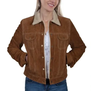 Womens Cinnamon Suede Faux Fur Jean Jacket