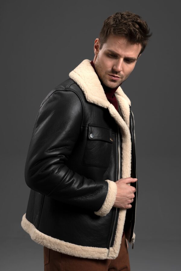 Black Real Sheepskin Shearling Trim Bomber Trucker Jacket - Image 4