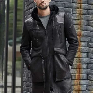 Men's Winter Shearling Fur Black Leather Long Trench Coat Outerwear