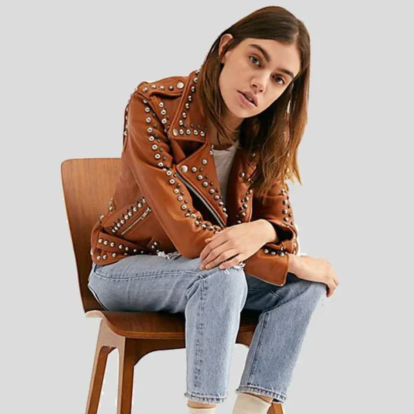 Buy Best Fashion Avail Tan Studded Leather Jacket - Image 3
