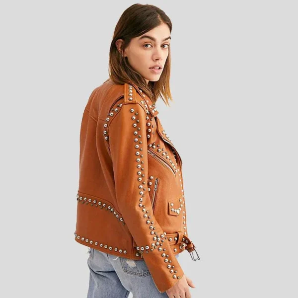 Buy Best Fashion Avail Tan Studded Leather Jacket - Image 4